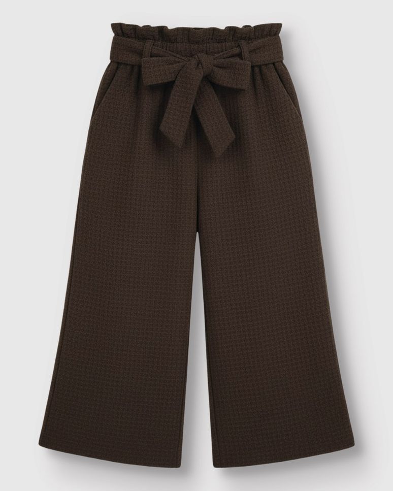 Calça Menina Wide Leg Cós Clochard Com Cinto Em Malha Texturizada - Carinhoso