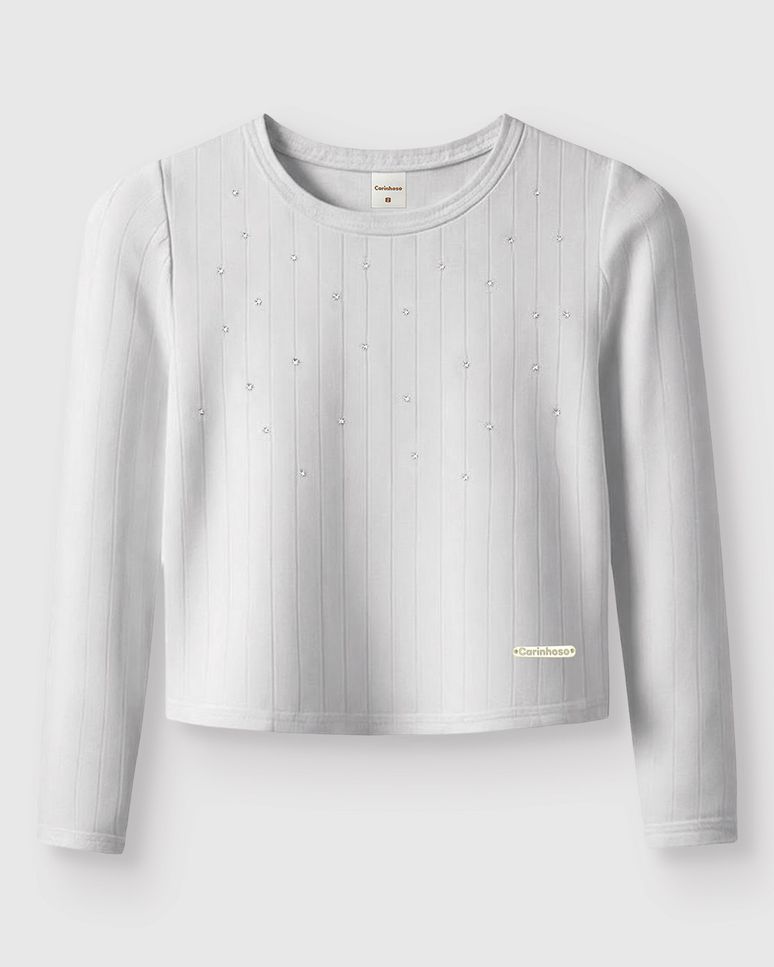 Blusa Menina Aplique Com Strass Manga Longa Em Ribana - Carinhoso