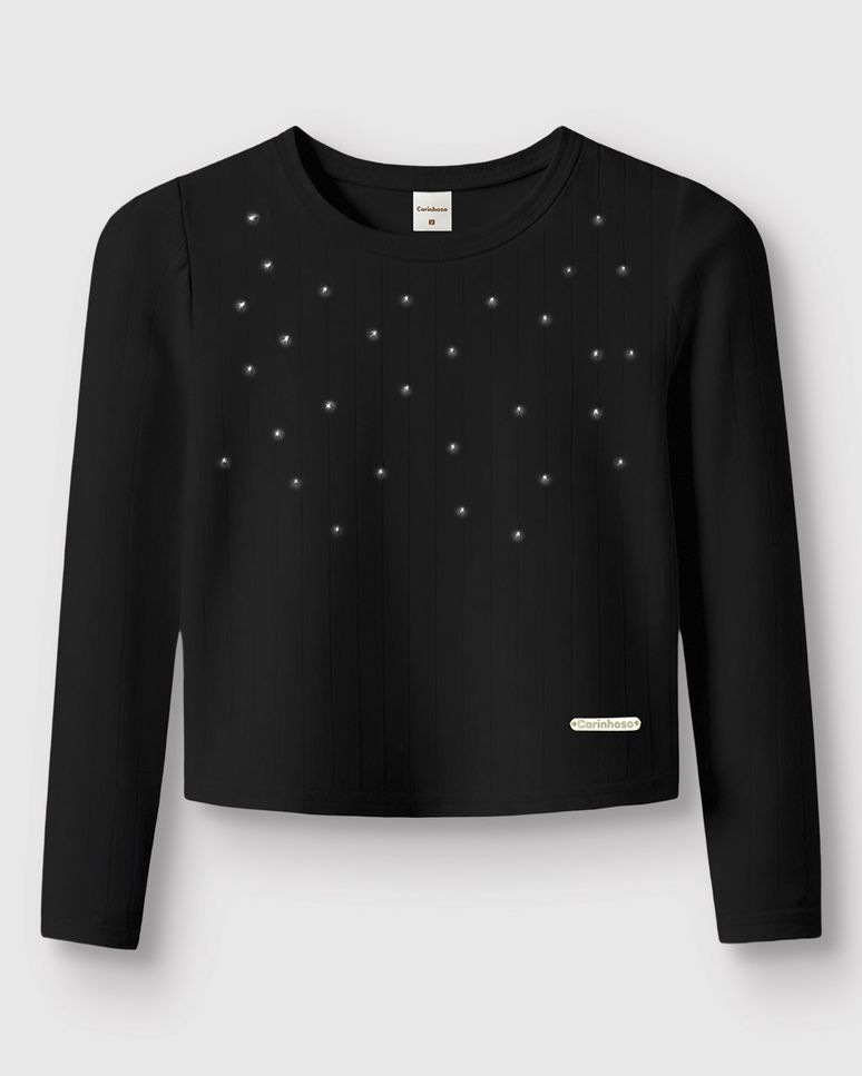 Blusa Menina Aplique Com Strass Manga Longa Em Ribana - Carinhoso