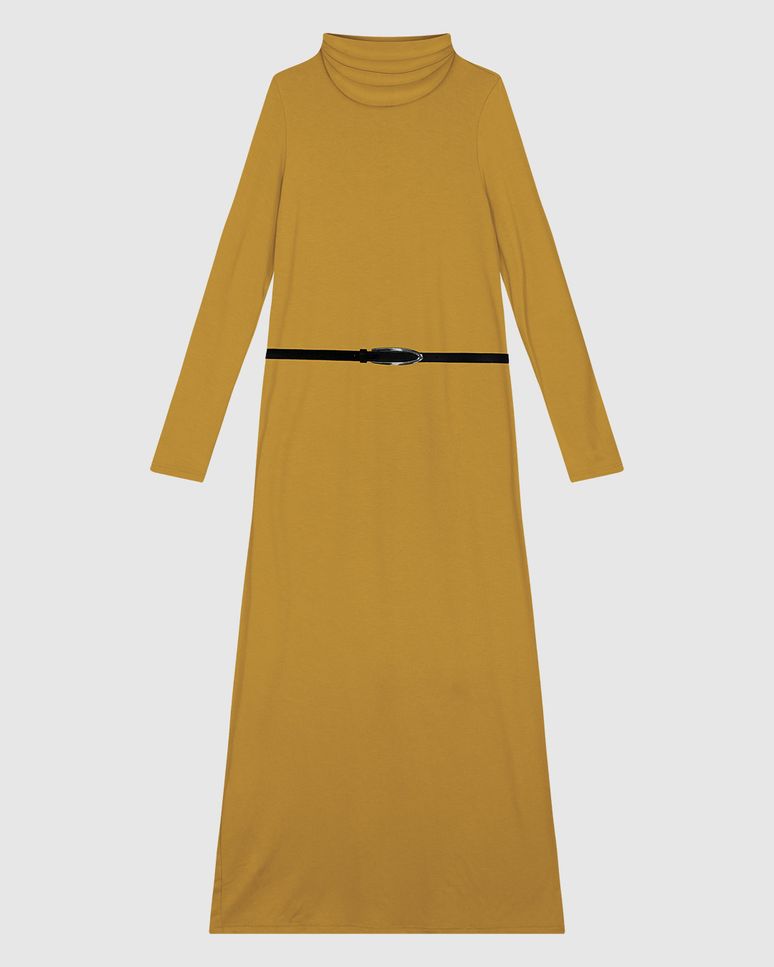 Vestido Midi Feminino Reto Manga Longa Acompanha Cinto Em Viscose Stretch - ENFIM