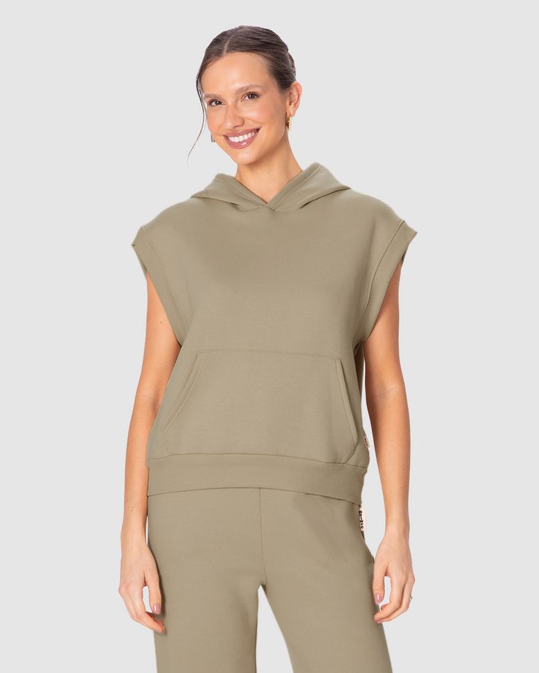 Colete Feminino Com Capuz Bolso Frontal Em Moletom Do Abraço