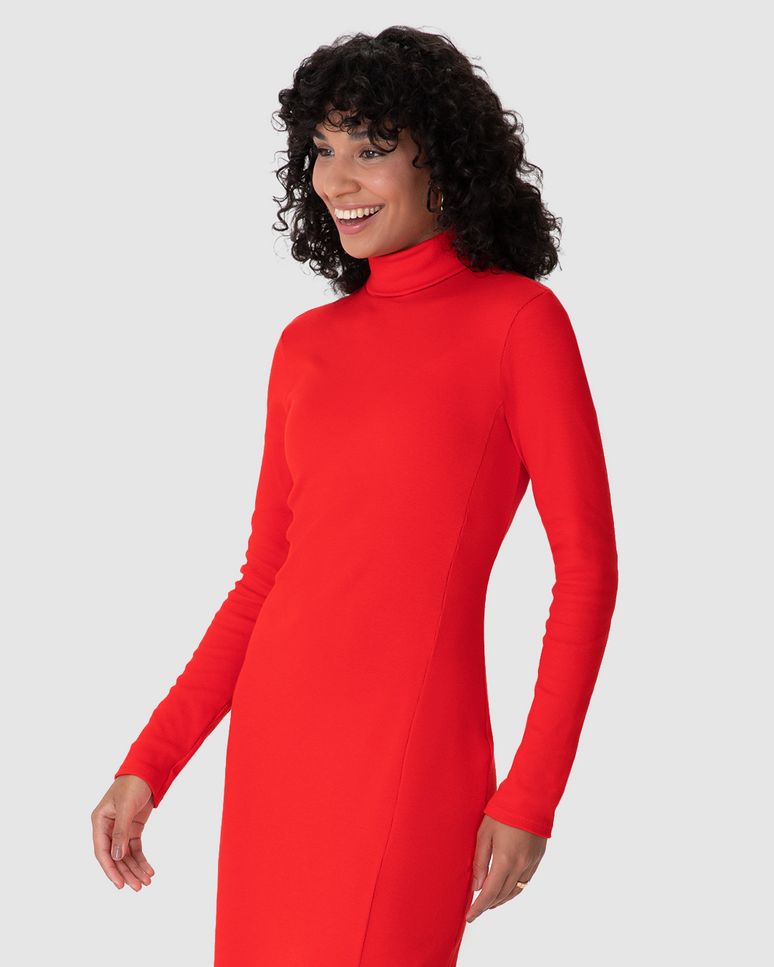 Vestido Midi Básico Feminino Gola Alta E Fenda Lateral Em Ribana Canelada