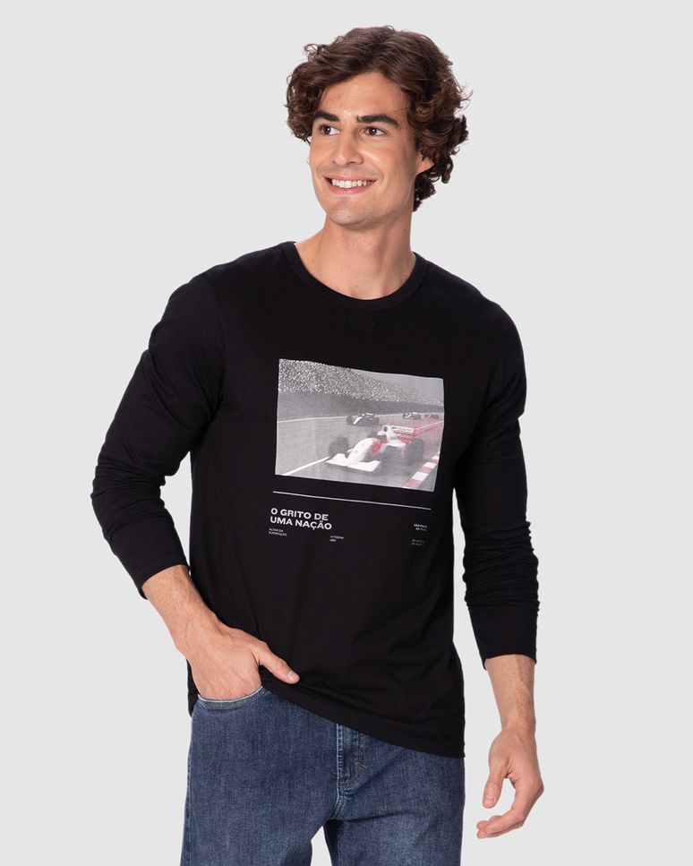 Camiseta Masculina Slim Manga Longa Estampada Em Algodão