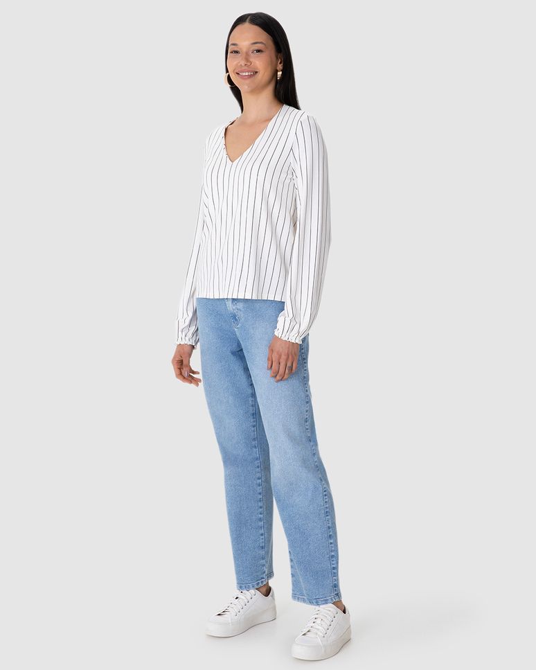 Blusa Feminina Ampla Listrada Manga Longa Decote V Em Moletinho De Viscose