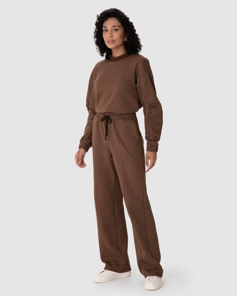 Calça Reta Feminina Cós Elástico Em Moletom Mesclado Flanelado