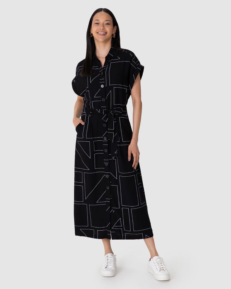 Vestido Midi Feminina Chemise Detalhe Amarração Em Tecido Mescla Viscose