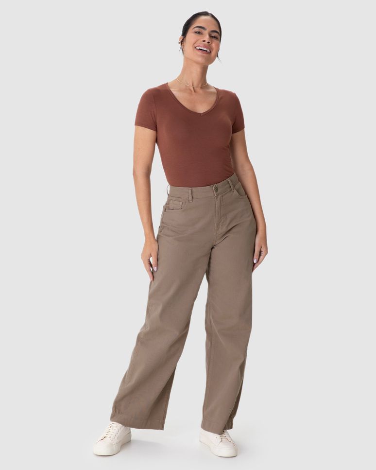 Calça Wide Leg Feminina Cintura Alta Em Sarja Com Elastano