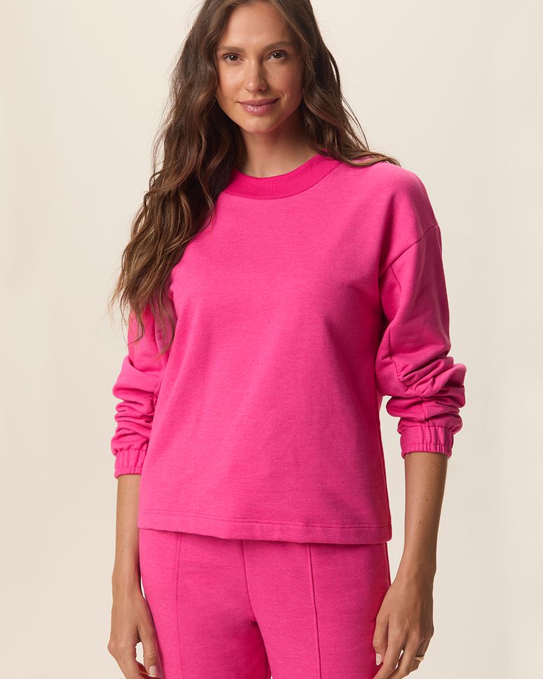 Blusão Amplo Feminino Manga Longa Com Franzido Moletom Mesclado Flanelado