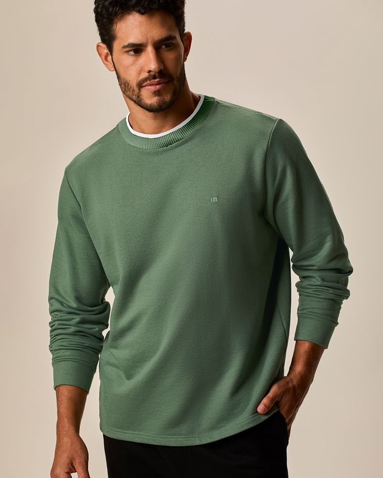 Blusão Masculino Gola Dupla Contraste Bordado Frontal Em Moletinho Texturizado