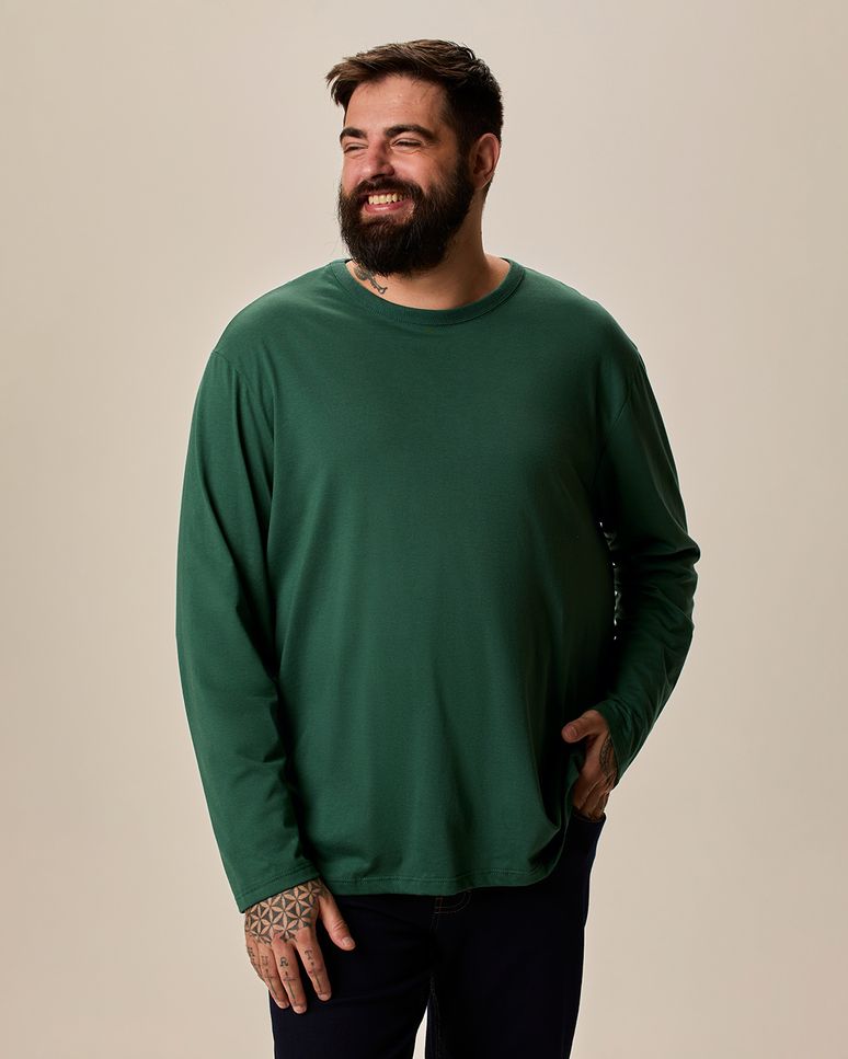 Camiseta Básica Masculina Plus Size Manga Longa Em Algodão