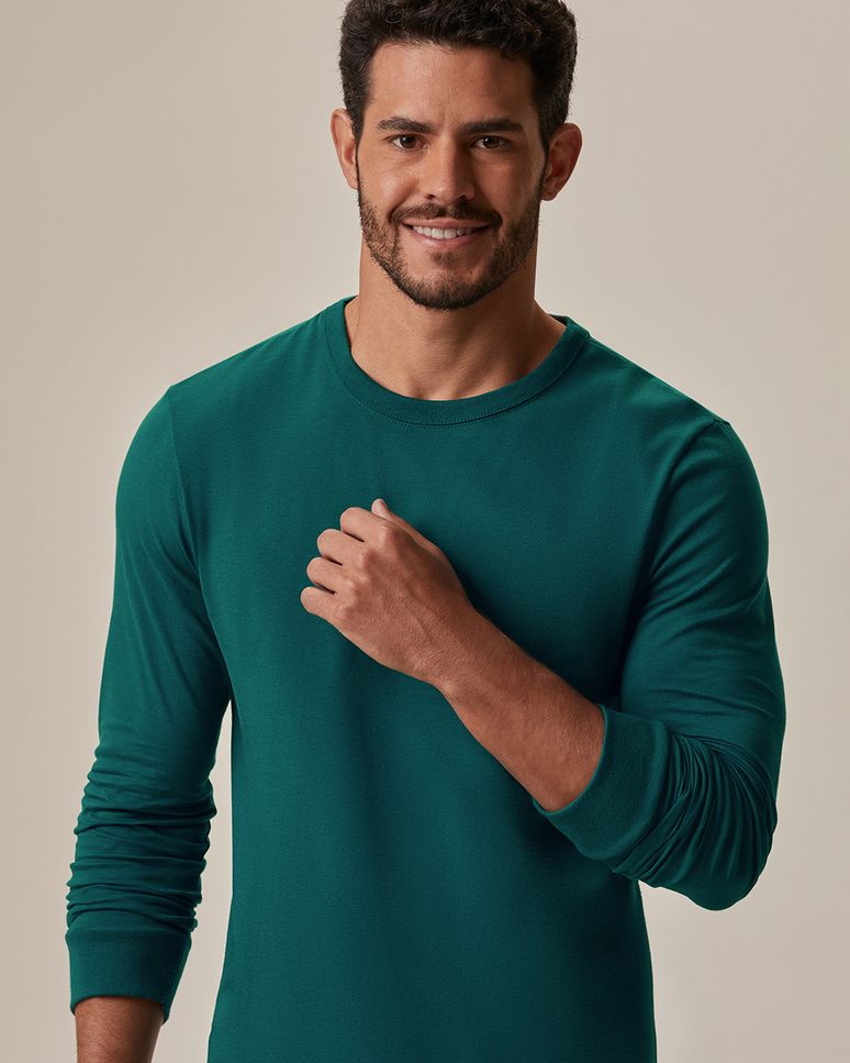Camiseta Básica Masculina Punho Aplicado Em Algodão