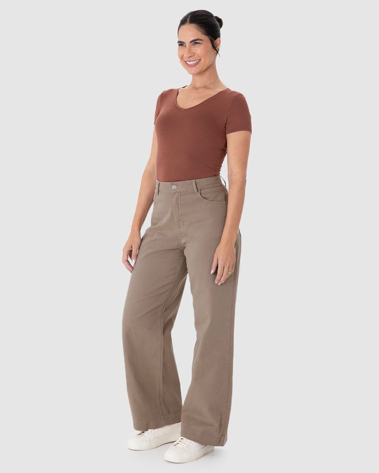 Calça Wide Leg Feminina Cintura Alta Em Sarja Com Elastano