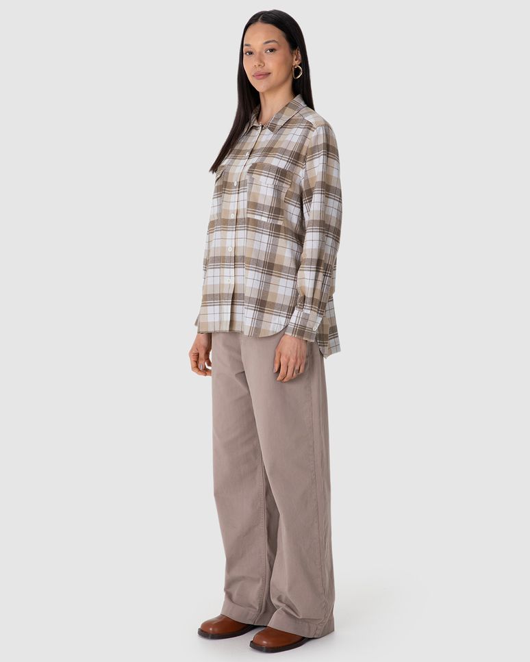 Camisa Feminina Xadrez Bolso Frontal Em Tricô Flanelado