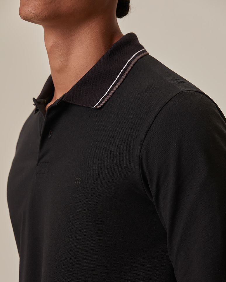 Camisa Polo Básica Masculina Gola Retilínea Manga Longa Em Piquet Stretch