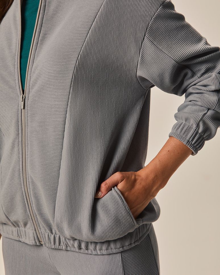 Jaqueta Ampla Feminina Fecho Zíper Em Malha Texturizada Canelada