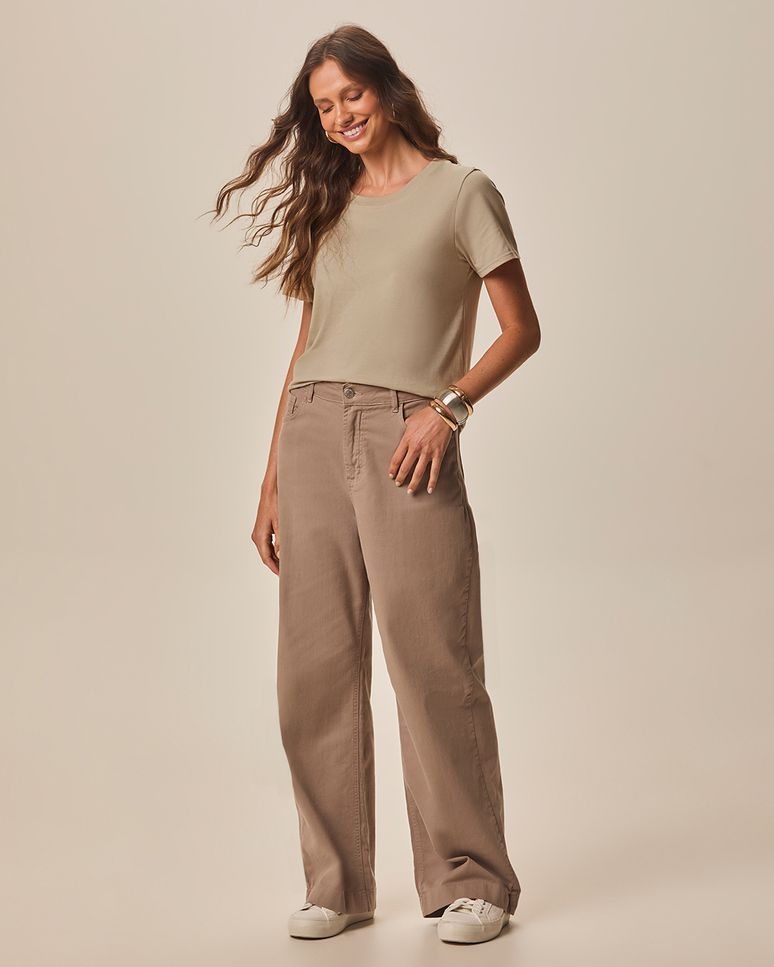 Blusa Básica Feminina Decote Redondo Com Pesponto Em Algodão