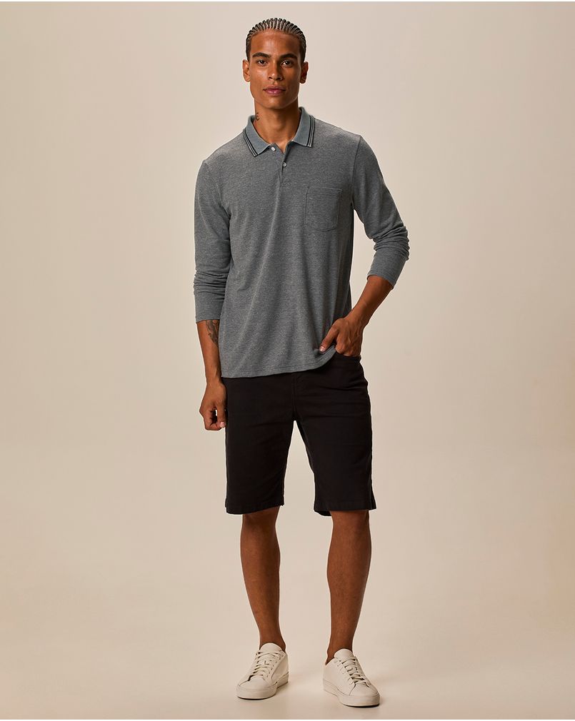 Camisa Polo Básica Masculina Bolso Frontal Manga Longa Piquet