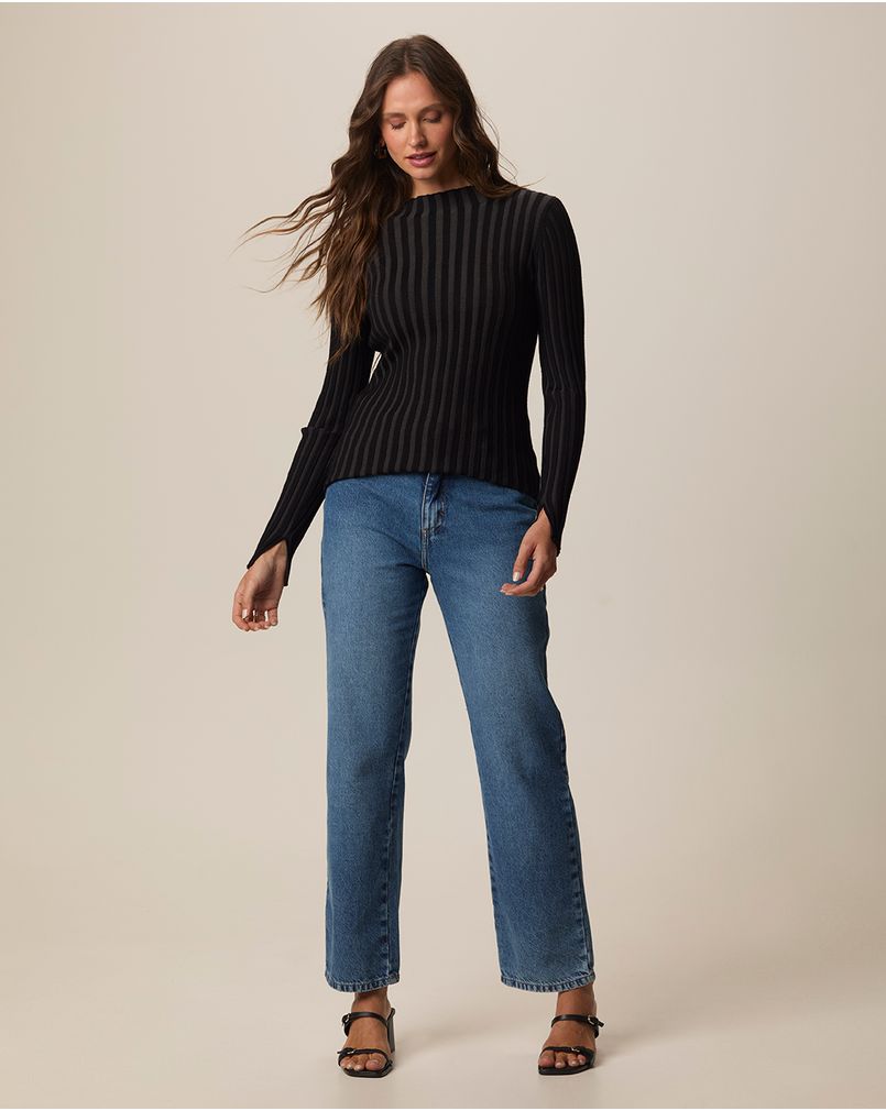 Blusa Justa Feminina Manga Longa Fenda No Punho Em Tricô PRETO