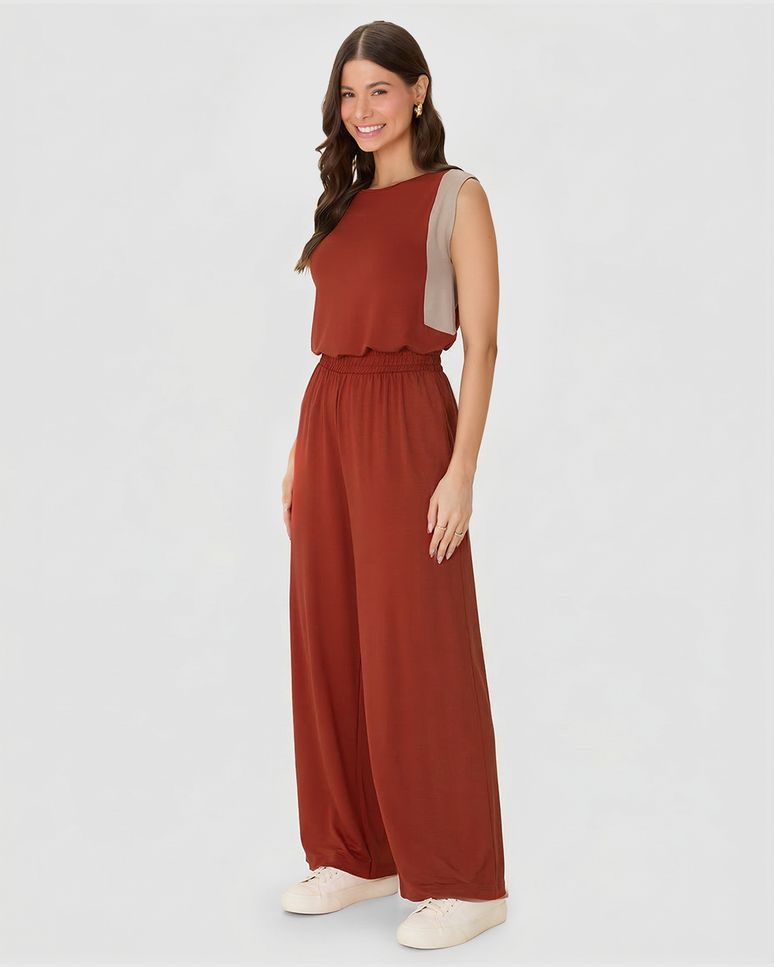 Calça Wide Leg Feminina Cós Elástico Em Moletinho De Viscose