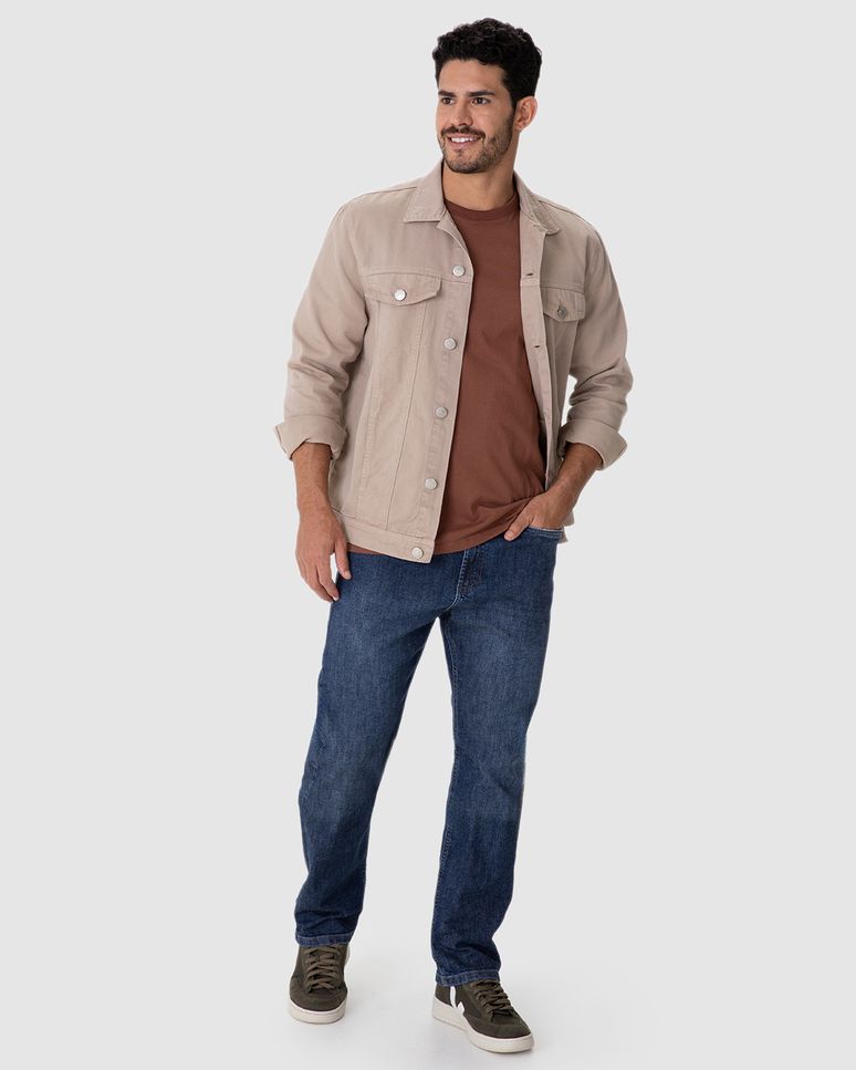 Calça Masculina Reta Cintura Média Bolso Funcional Em Jeans Com Elastano