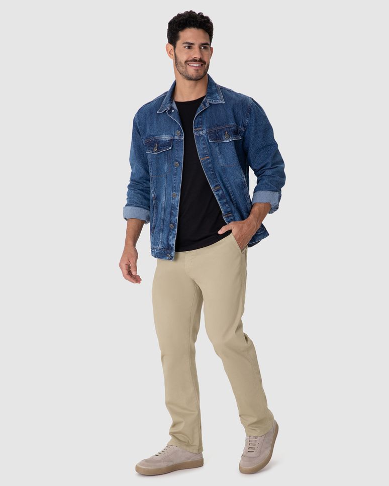 Calça Masculina Reta Cintura Média Em Sarja Com Elastano