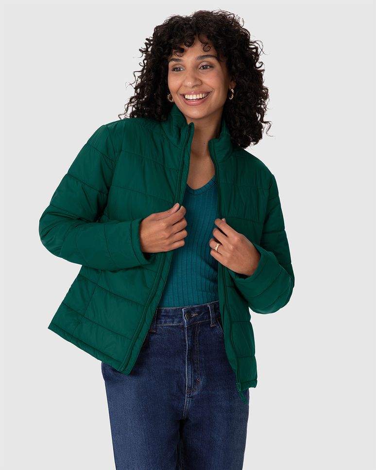 Jaqueta Básica Feminina Puffer Bolso Funcional Em Nylon