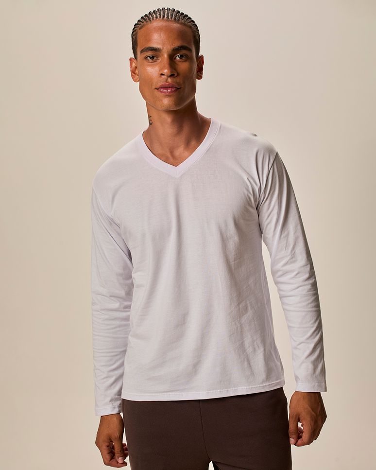 Camiseta Básica Masculina Decote V Manga Longa  Em Algodão