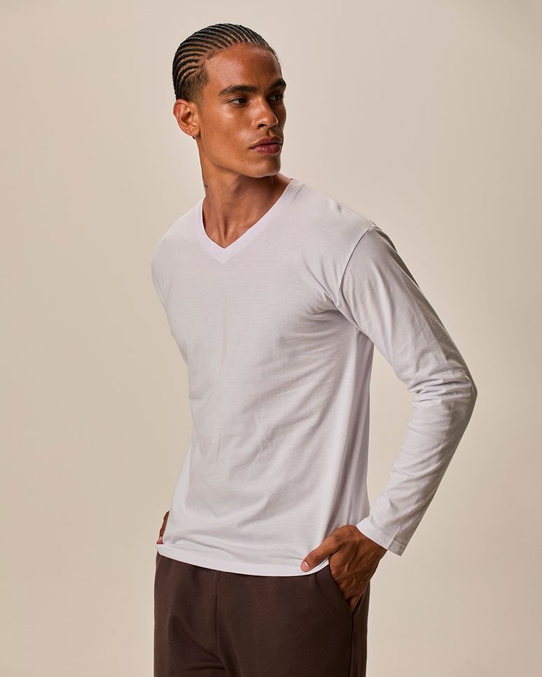 Camiseta Básica Masculina Decote V Manga Longa  Em Algodão