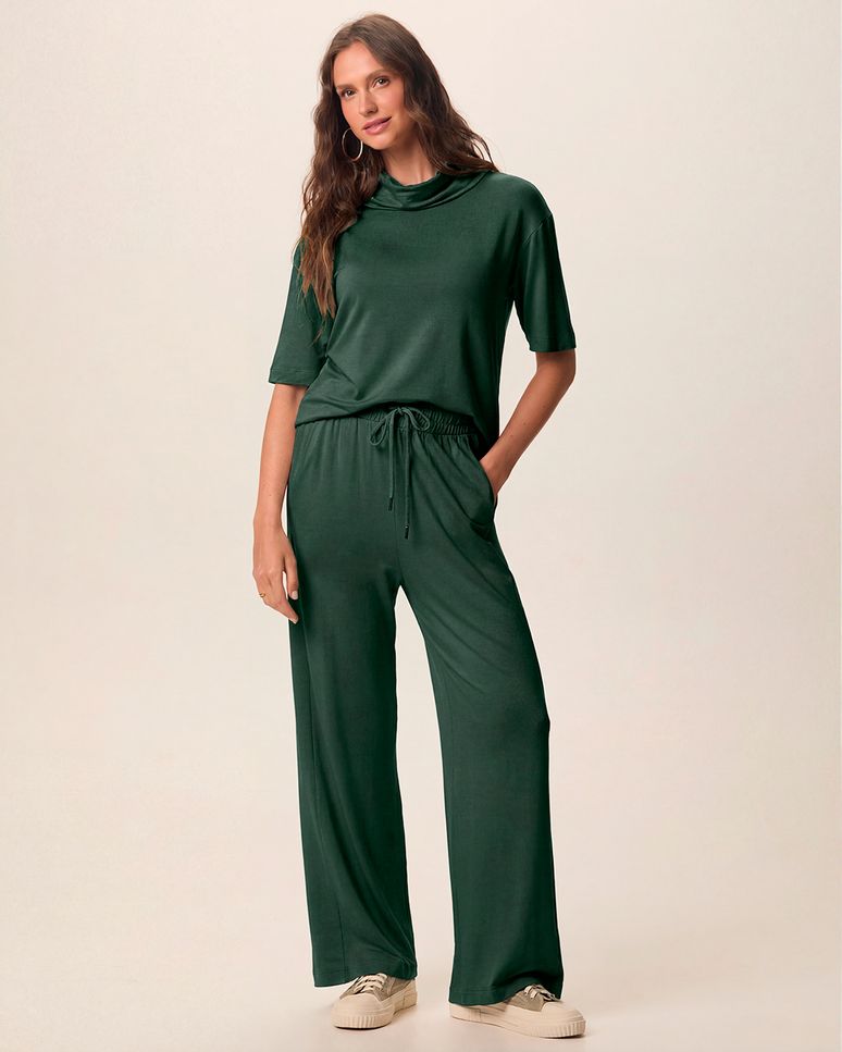 Conjunto Feminino Blusa Gola Alta E Calça Bolso Faca Em Moletinho De Viscose