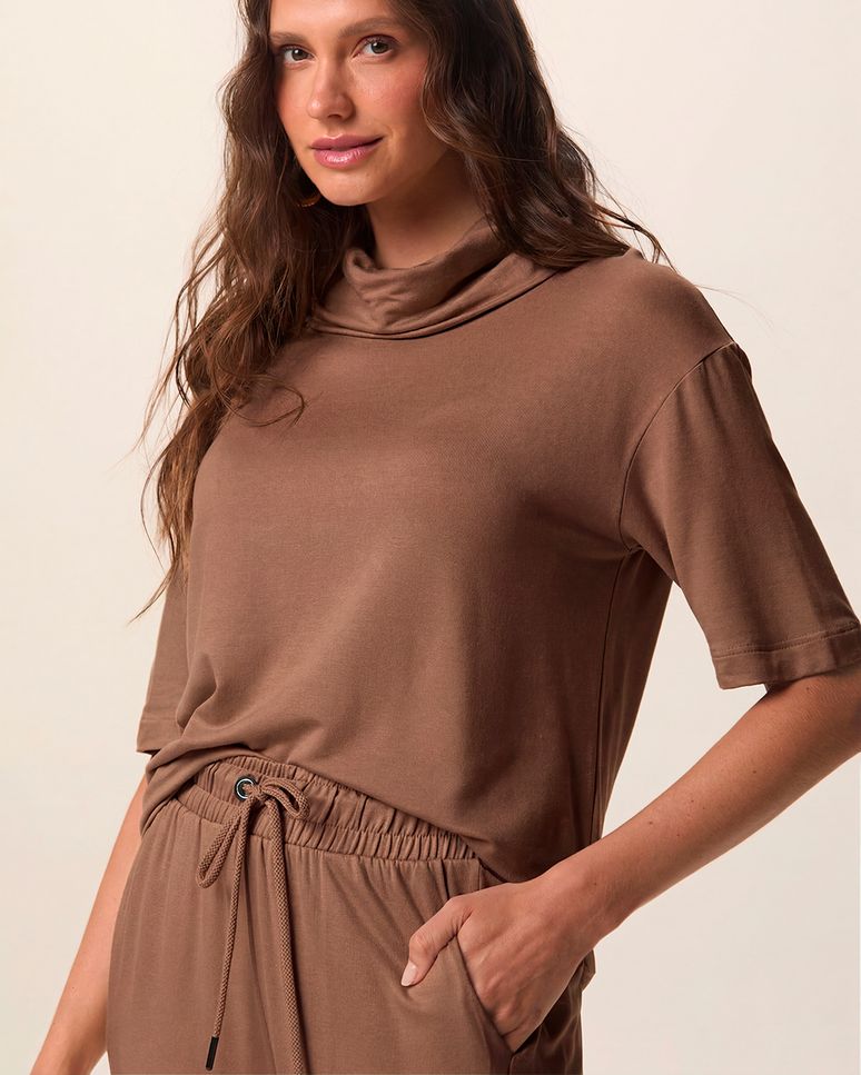 Conjunto Feminino Blusa Gola Alta E Calça Bolso Faca Em Moletinho De Viscose