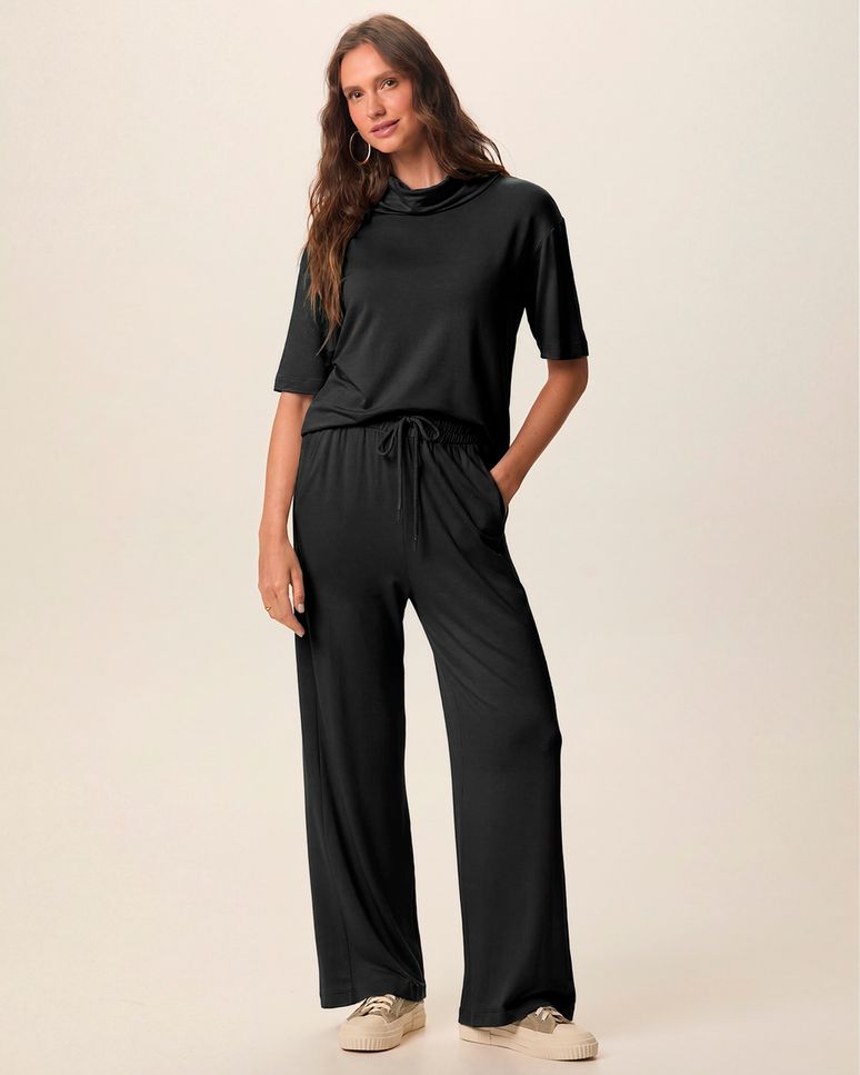 Conjunto Feminino Blusa Gola Alta E Calça Bolso Faca Em Moletinho De Viscose