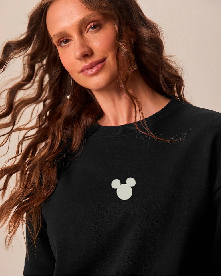 Blusão Amplo Feminino Estampa Frontal Mickey Mouse Em Moletom Flanelado