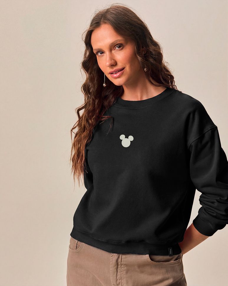 Blusão Amplo Feminino Estampa Frontal Mickey Mouse Em Moletom Flanelado