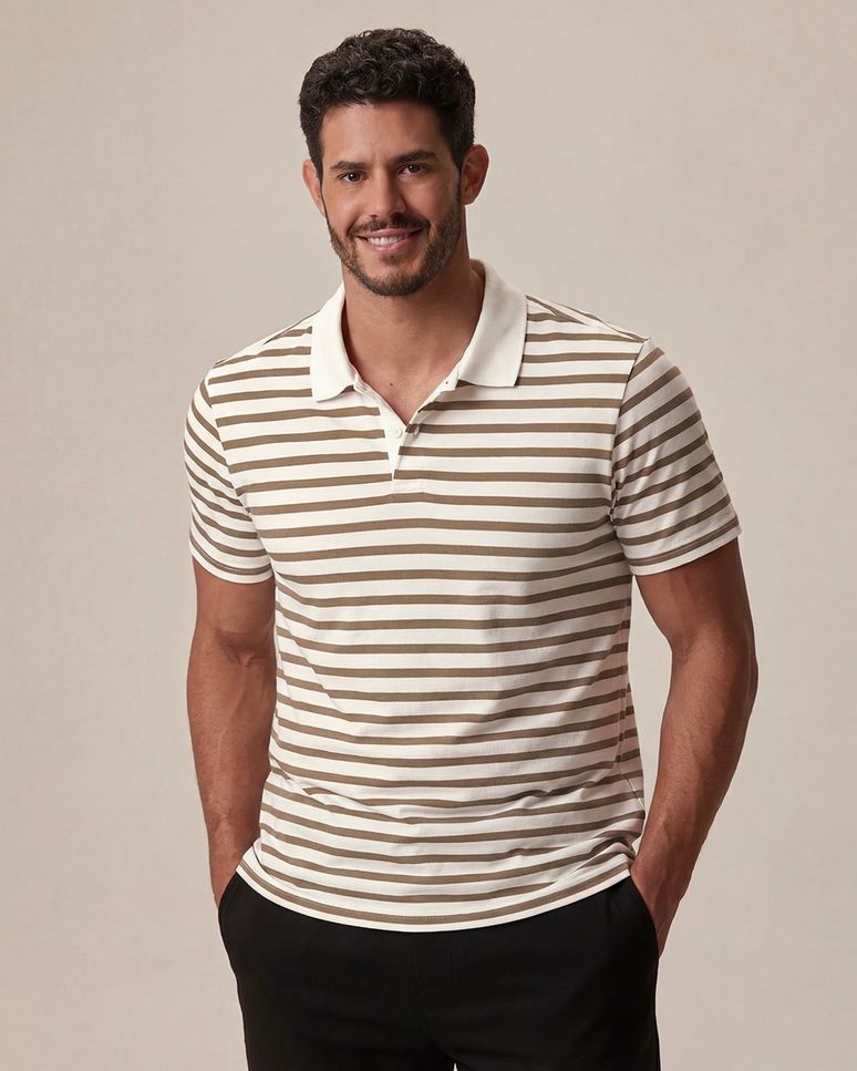 Camisa Polo Masculina Slim Listrada Peitilho Frontal Em Algodão