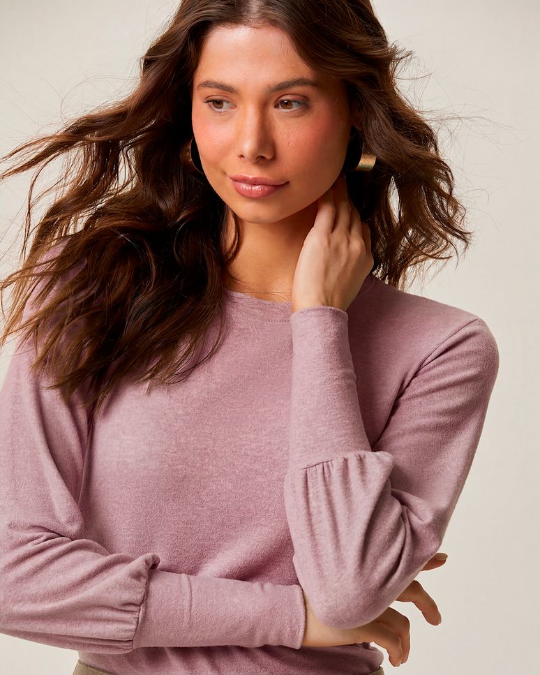 Blusa Feminina Básica Manga Longa Detalhe Punho Em Malha Térmica