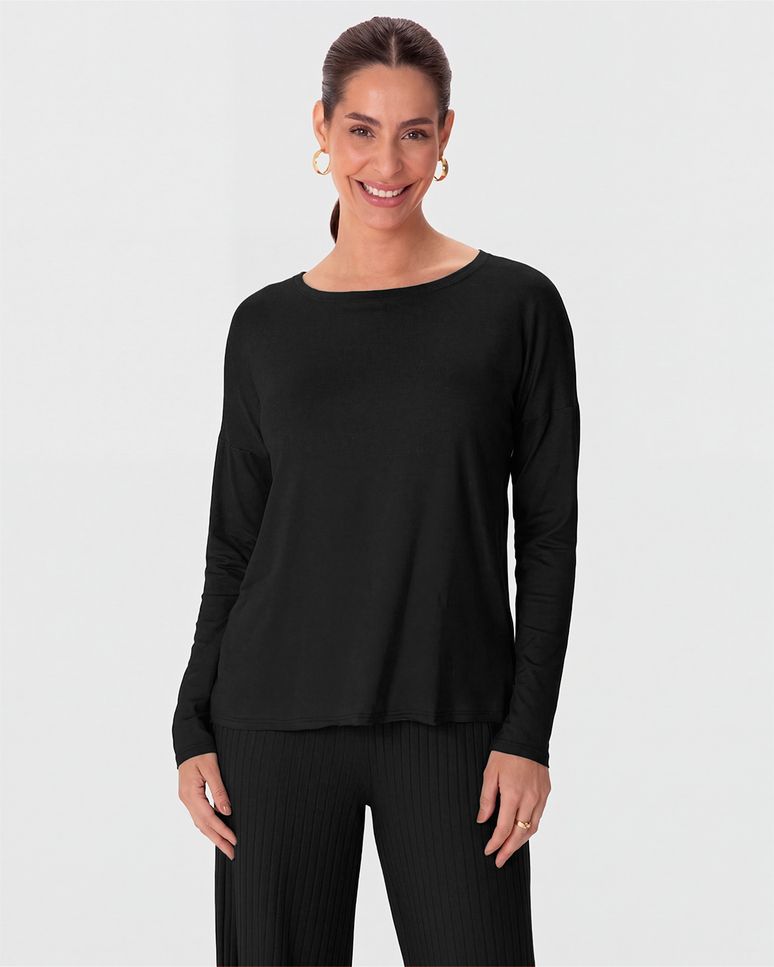 Blusa Básica Feminina Ampla Manga Longa Em Viscose Stretch