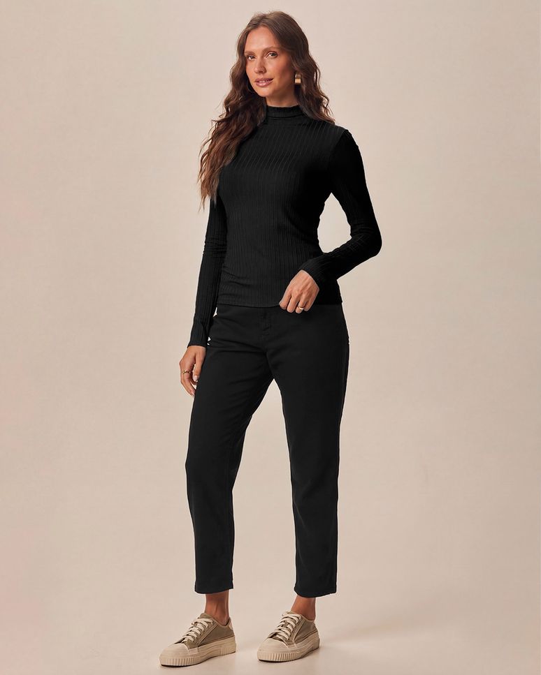 Blusa Básica Feminina Gola Alta Em Malha Canelada De Viscose