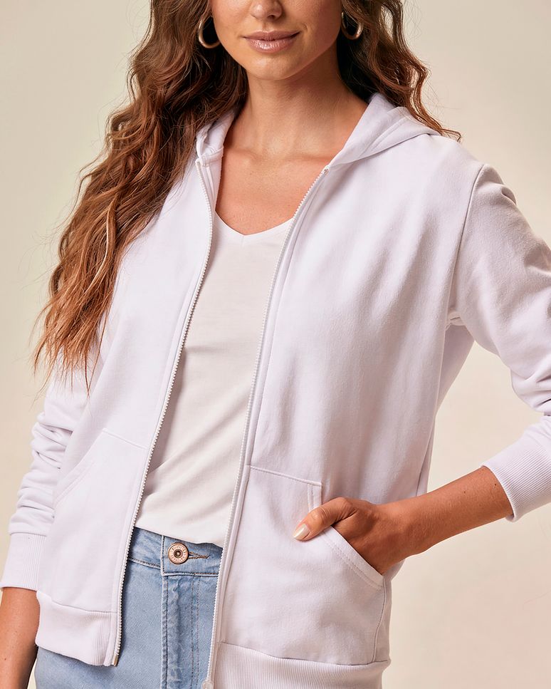 Jaqueta Básica Feminina Com Capuz Em Moletom Flanelado