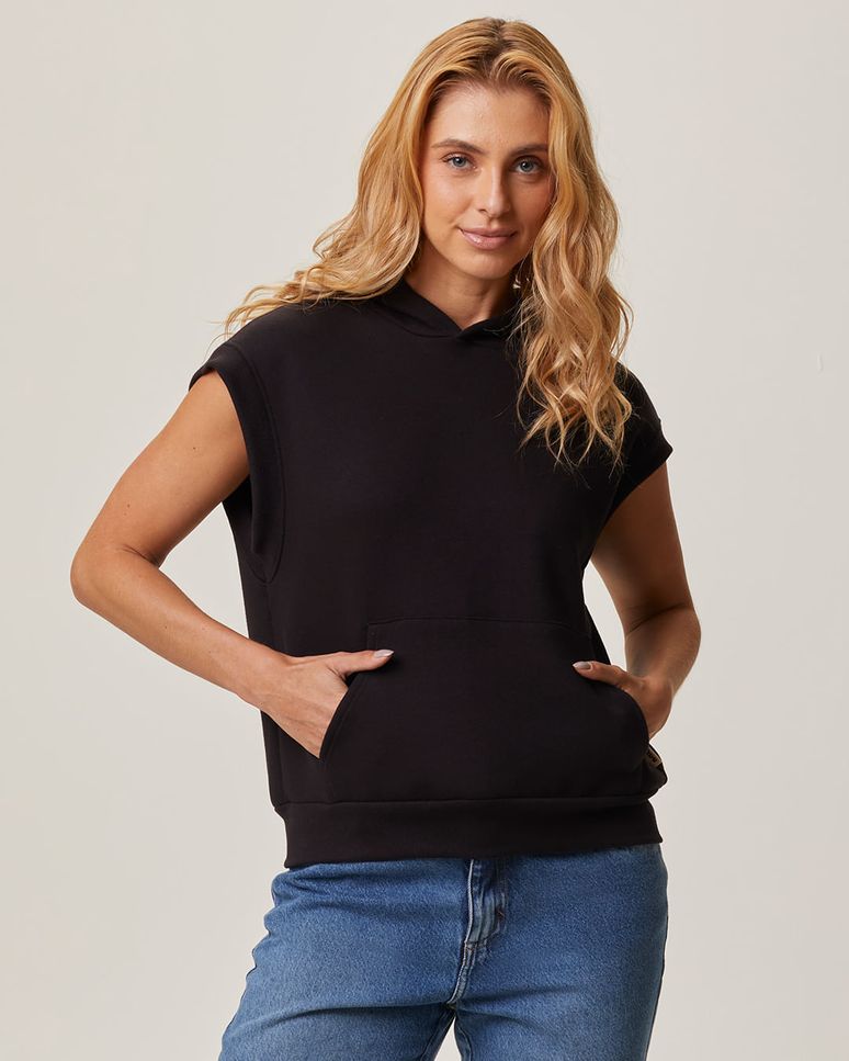 Colete Feminino Com Capuz Bolso Frontal Em Moletom Do Abraço