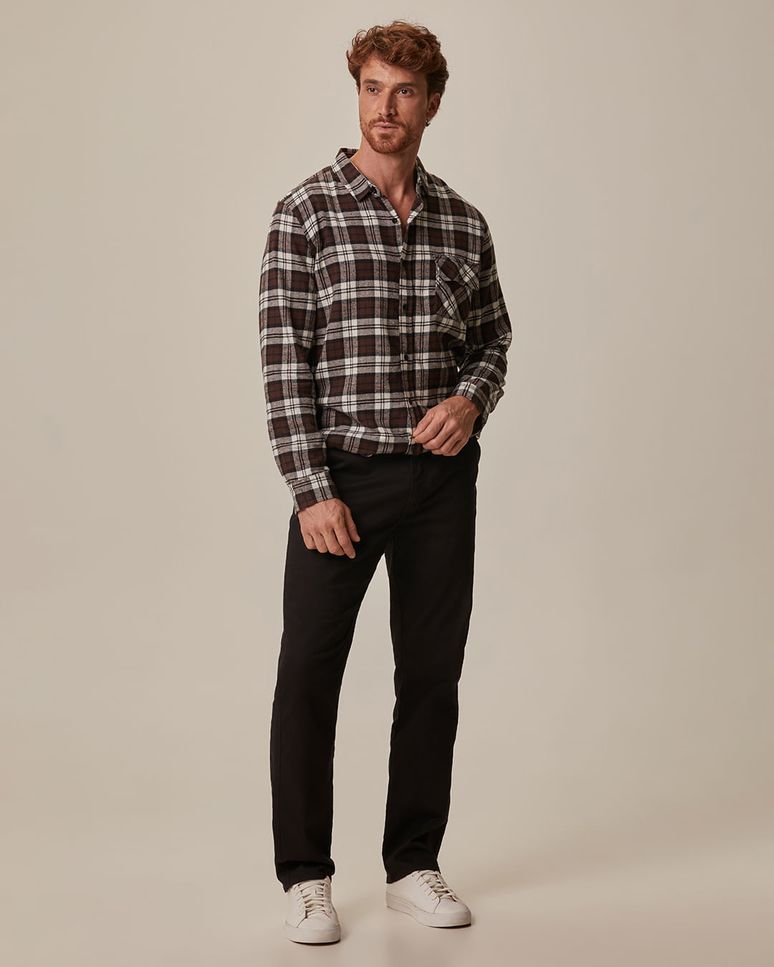 Calça Masculina Reta Cintura Média Em Sarja Com Elastano