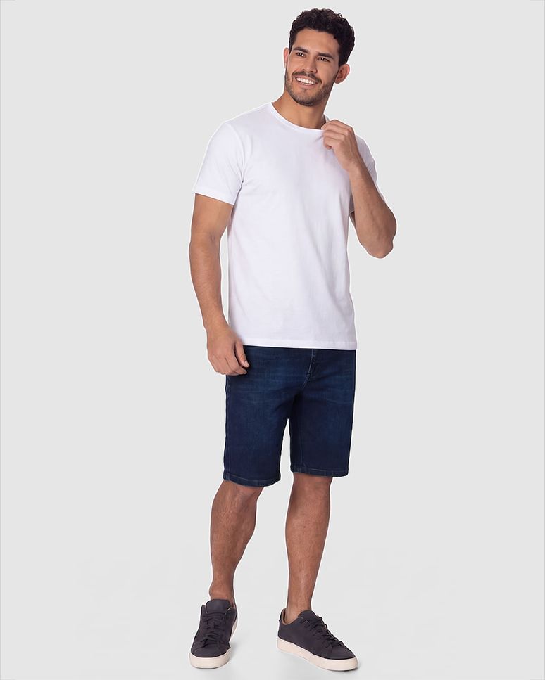 Bermuda Masculina Slim Etiqueta Decorativa Em Jeans Com Elastano