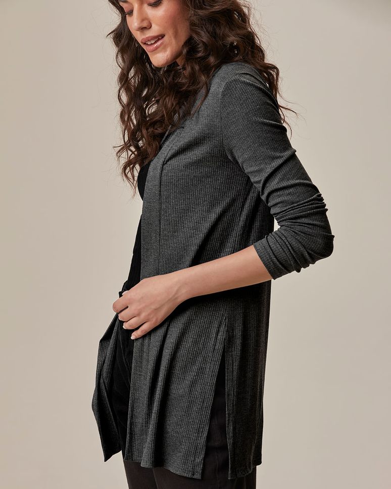 Cardigan Feminino Manga Longa Em Malha Canelada De Viscose