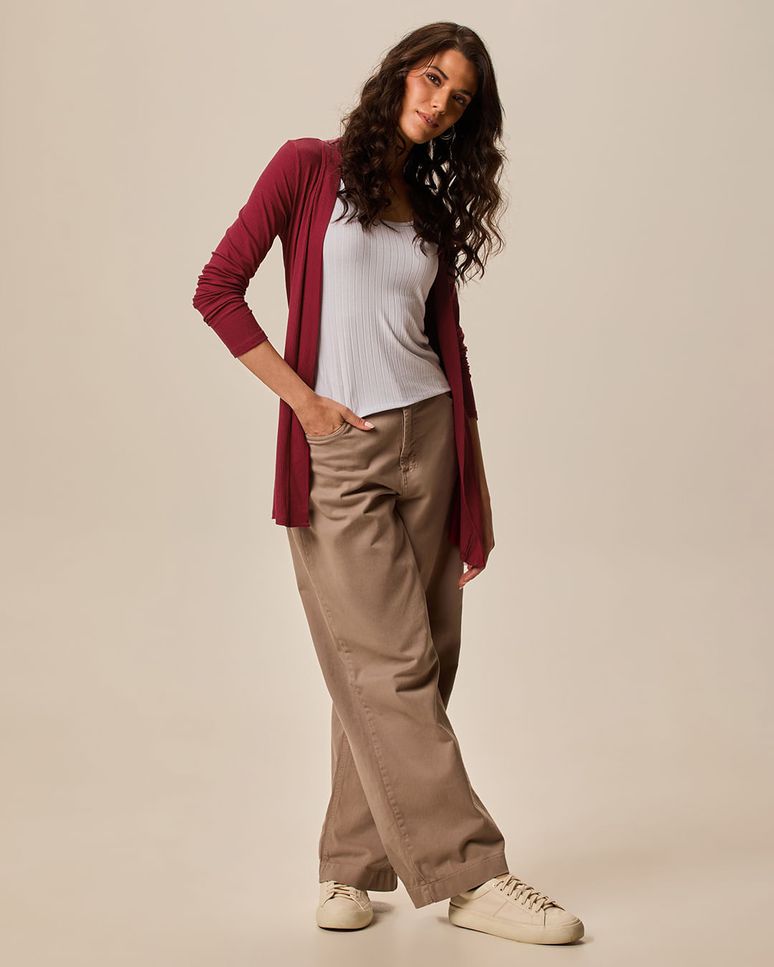 Cardigan Feminino Manga Longa Em Malha Canelada De Viscose