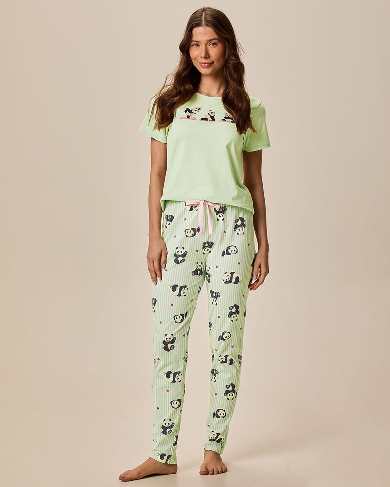 Pijama Longo Feminino Blusa Estampa Puf E Calça f Em Malha 100% Algodão