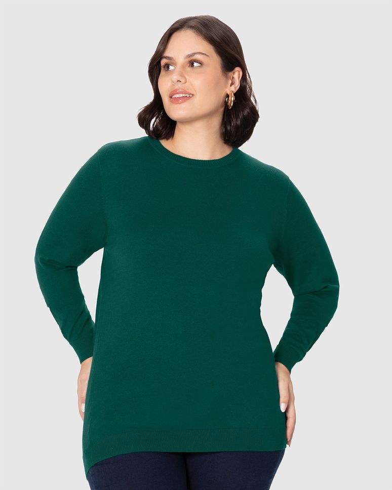 Suéter Básico Feminino Plus Size Gola Redonda Em Tricô