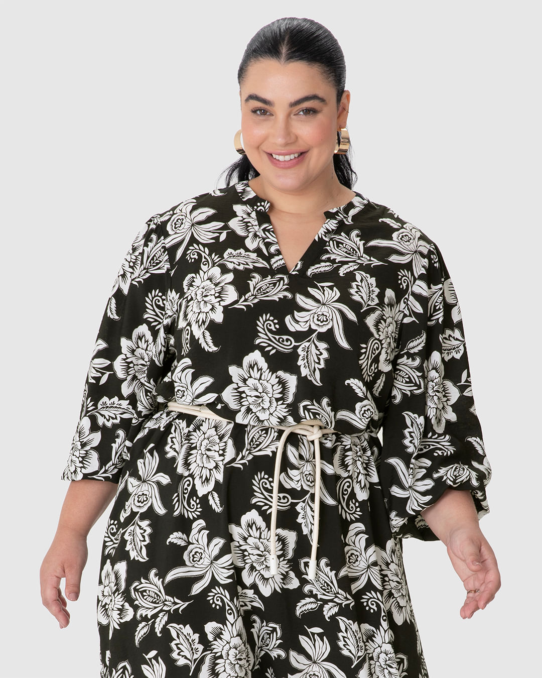 Vestido Feminino Plus Size Floral Manga 7/8 Em Viscose Sarjada
