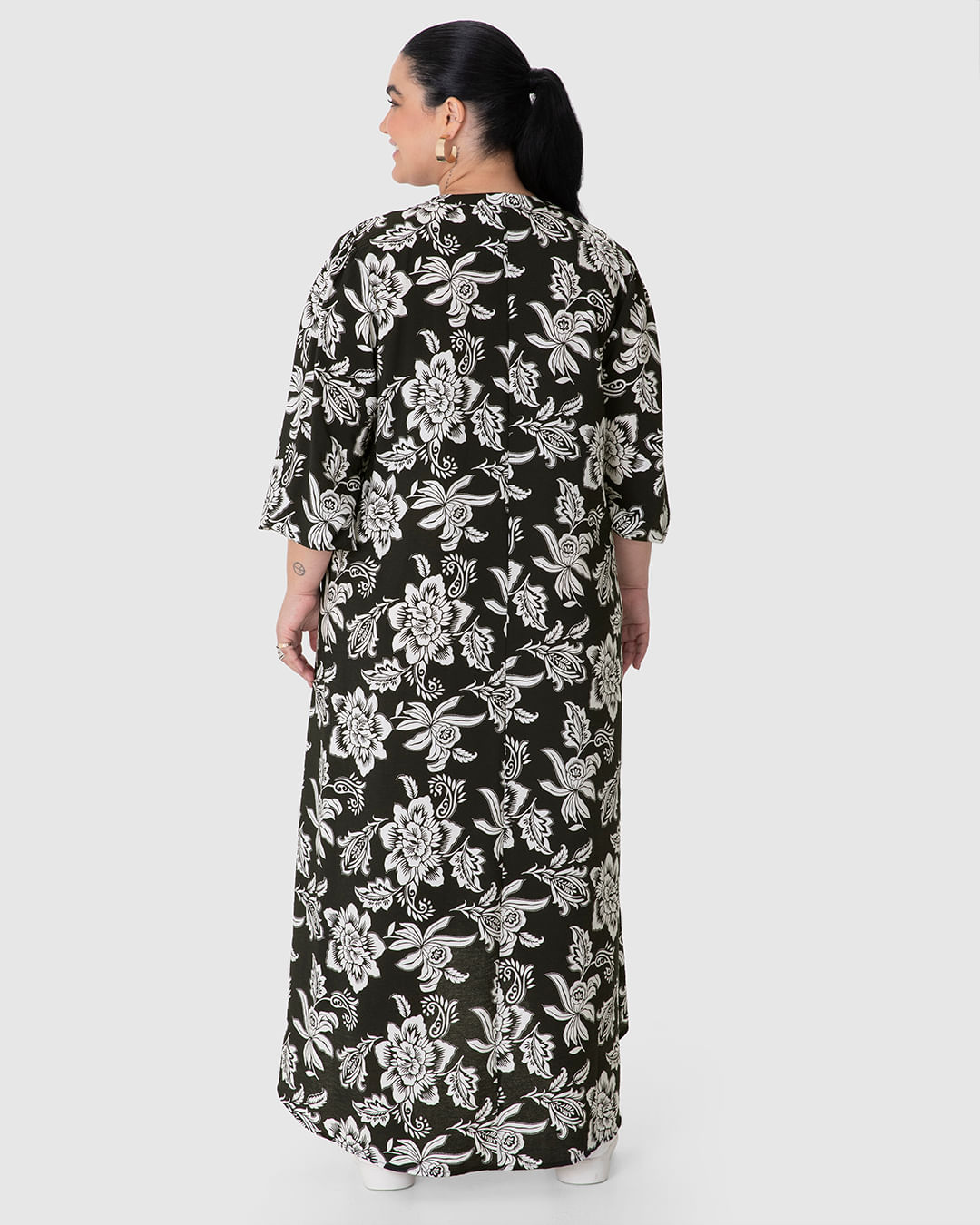 Vestido Feminino Plus Size Floral Manga 7/8 Em Viscose Sarjada