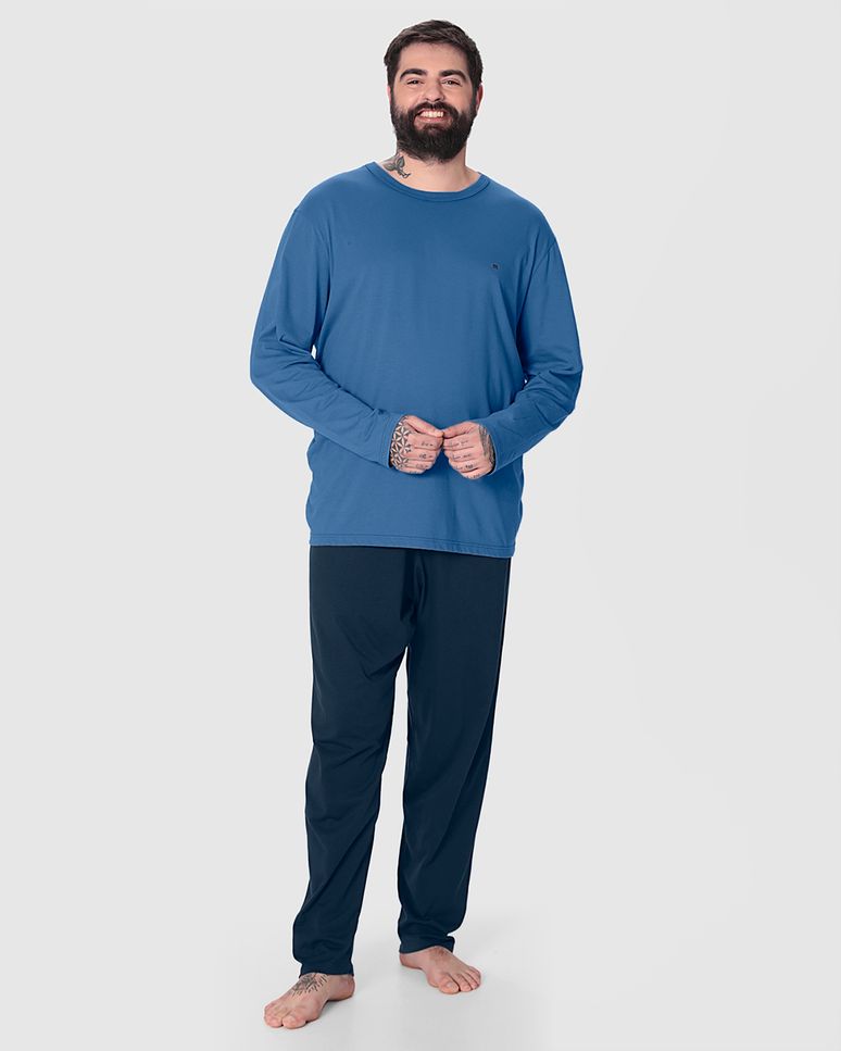 Pijama Longo Masculino Plus Size Camiseta E Calça Em Malha Algodão