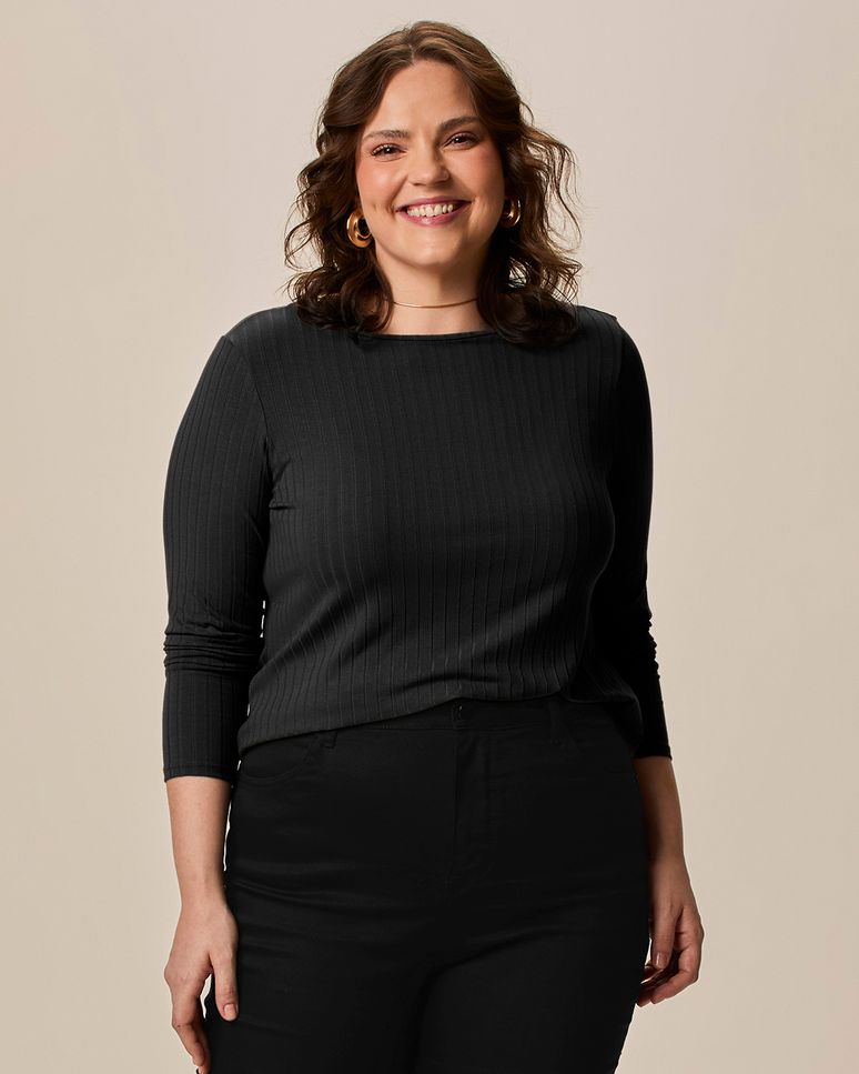 Blusa Básica Feminina Plus Size Manga Longa Em Canelado De Viscose