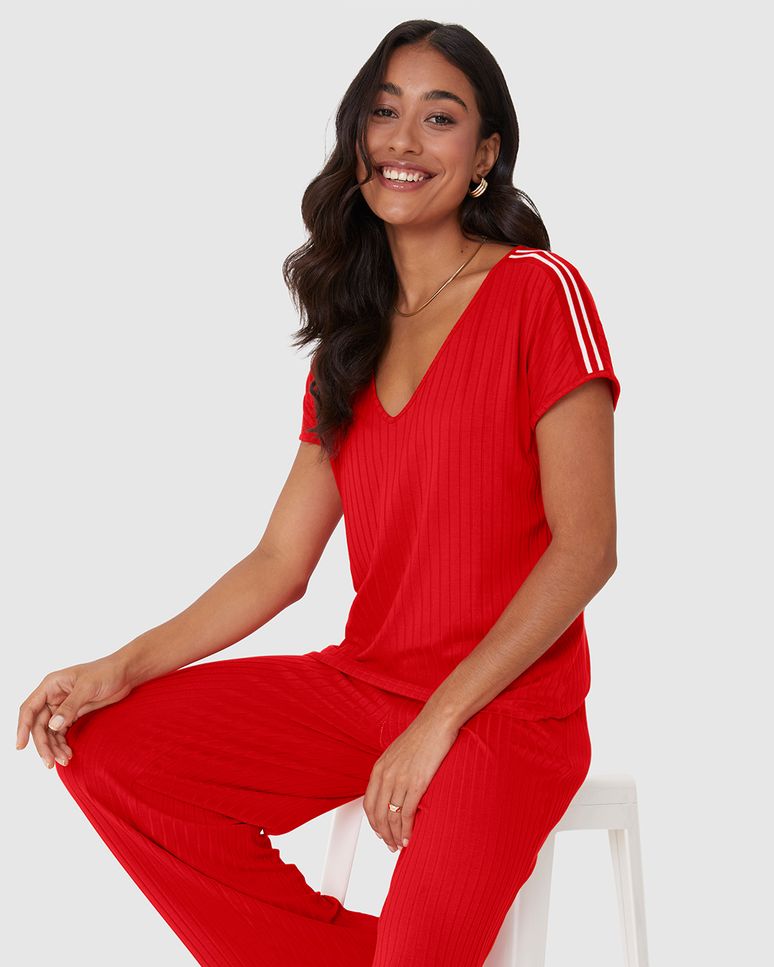 Blusa Feminina Ampla Decote V Detalhe Listrado Ombro Malha Viscose Canelada